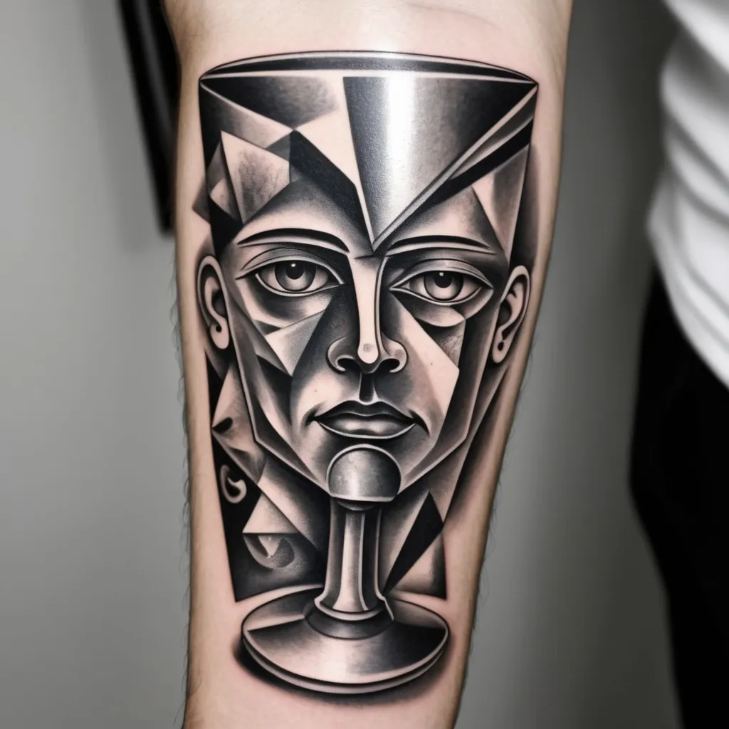 Prompt: A man stamped with silver goblet tattooa, in cubism art style