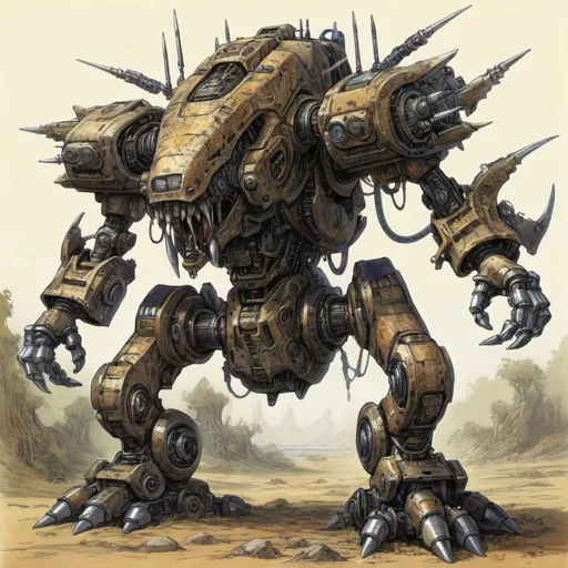 Prompt: Mecha Crazy Creature in John Blanche   art style