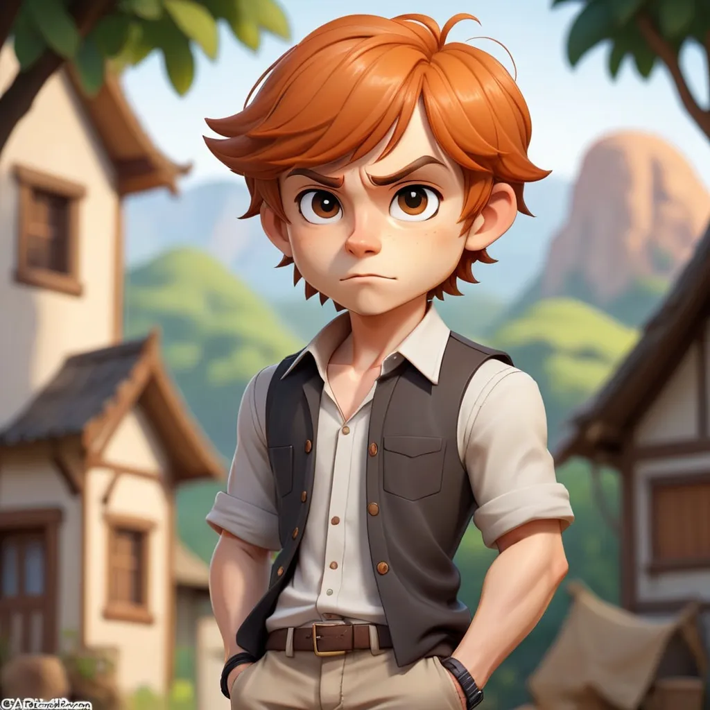 Prompt: Absolard is a male traveling merchent dressed in simple cloth pants and sleeveless shirt and has medium straight orange-brown hair, in chibi art style, background moors
