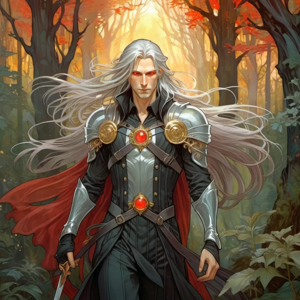 Prompt: Sephiroth with flowing gold and silver hair with glowing red eyes and dressed in an adventure outfit wandering around a deep forest