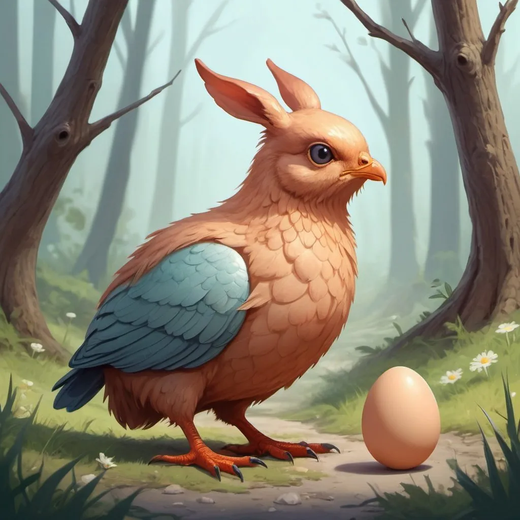 Prompt: A gentle and kind-hearted creature that shares its nutritious eggs if it sees an injured creature in unilalianism soft touch art style
