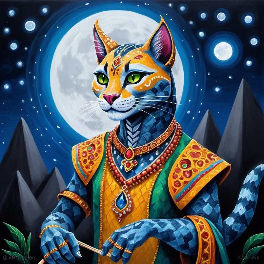 Prompt: A Khajiit in the moonlight shinning jewels in the sky singing to his love in alebrije painting art style