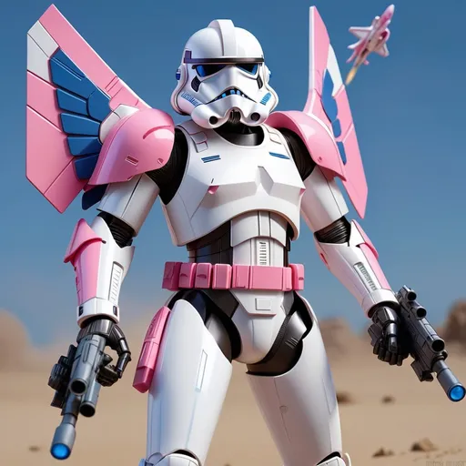 Prompt: 3D Tilt Missile StormTrooper in white and pink armor with blue airplane-like wings and a big missile, masterpiece, best quality