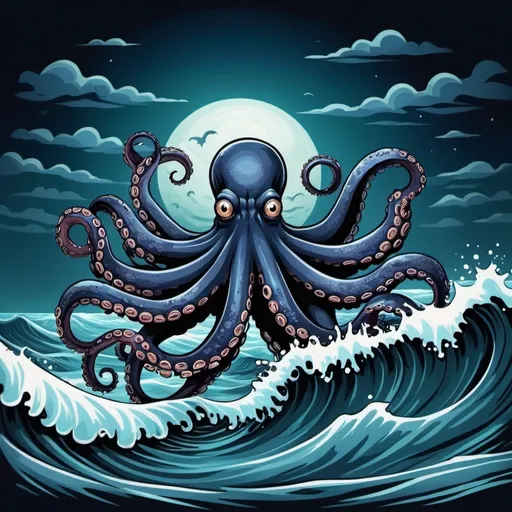Prompt: Midnight tide and haunted waves in octopus art style

