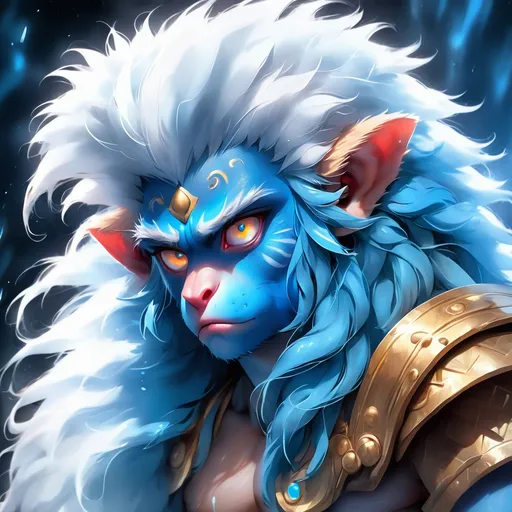 Prompt: Uakari with a vivid blue face and light blue fur staring intently with glowing white eyes, Neptune, background mist and shadow all in shades of blue, masterpiece, best quality
