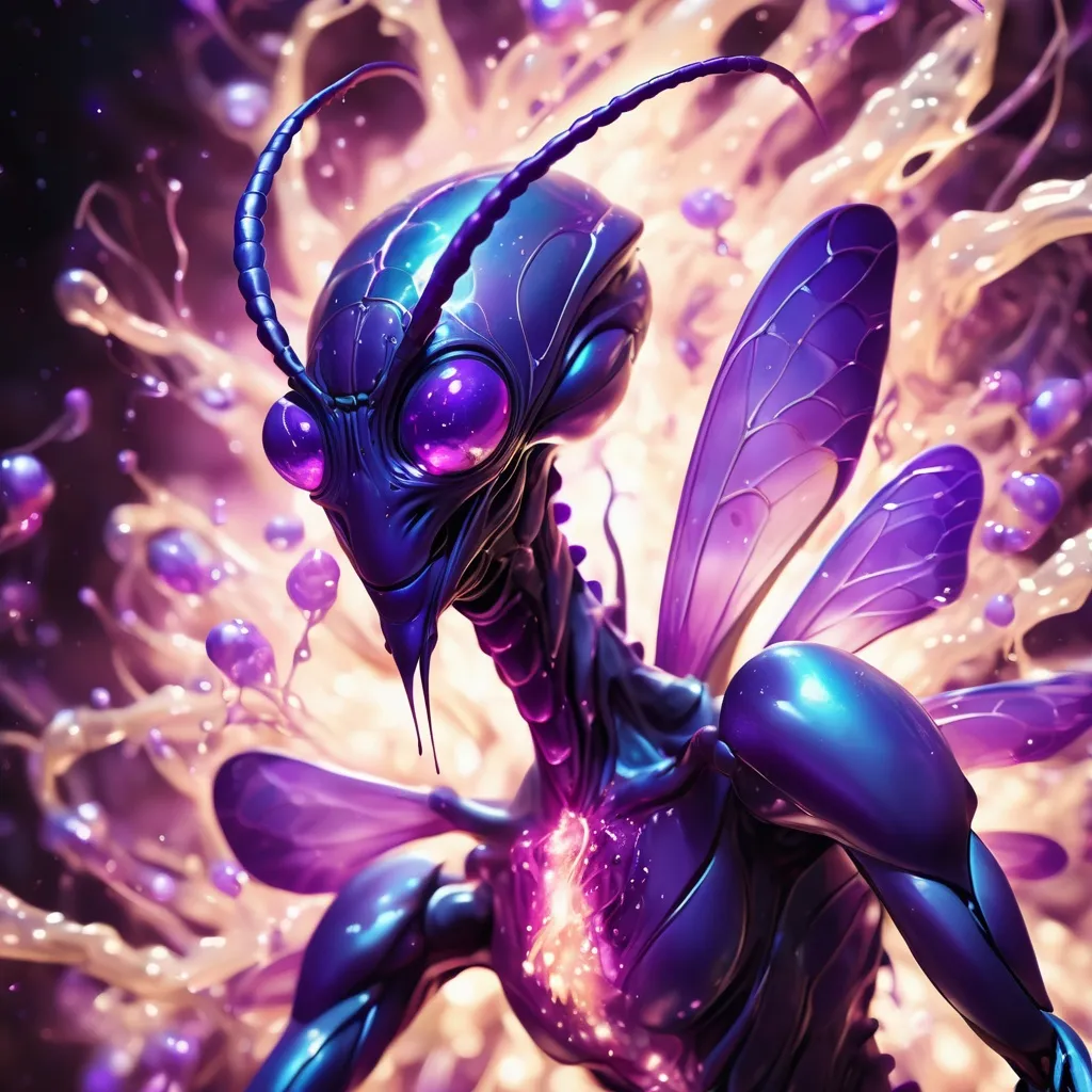 Prompt: Vivid purple mantis surrounded by glowing swirling iridescent violet energy as it prepares to Obliterate the world