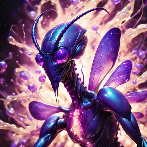 Prompt: Vivid purple mantis surrounded by glowing swirling iridescent violet energy as it prepares to Obliterate the world