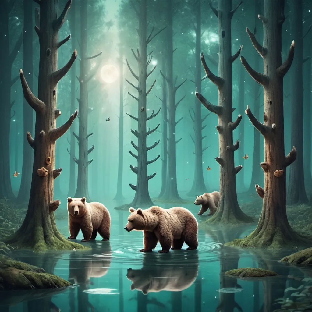 Prompt: Forest with floating bears in mystical art style
