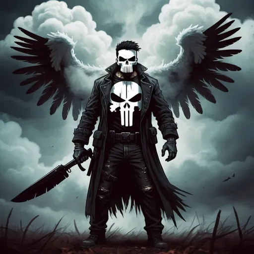 Prompt: Featherfolk Punisher in horror  cloud art style