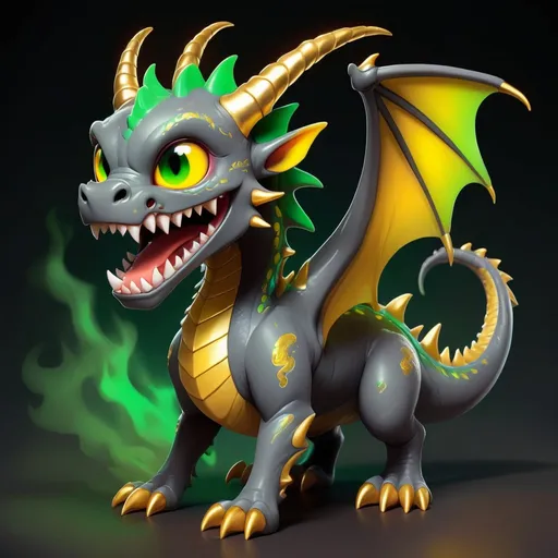 Prompt: Boomback Dragon is small and dusky gray and gold with short gold horns and green claws, it emits extreme heat and melts everything and anything in range glowing with heat and a demeneted smile on their kawaii face, in Creepypasta style, best quality, masterpiece