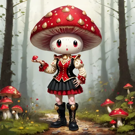 Prompt: Adventure Mushroom person with a cream mushroom head with red spots and gold trim and gems, wearing a cream shirt with a red and black vest with gold trim and gems and skirt with high boots 