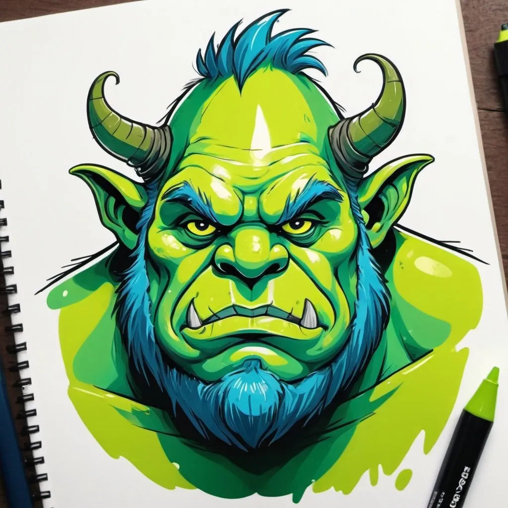 Prompt: Ogre with green-yellow green and blue palette in sketch note art style
