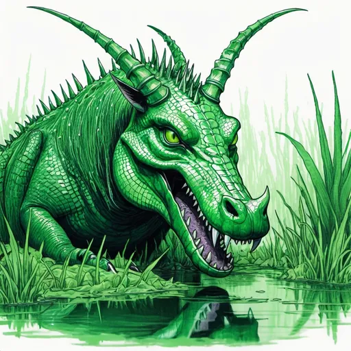 Prompt: A Oryx covered in vivid green and swamp green scales with horns spikes and a alligator-like snout with fangs swimming in a eerie swamp, in gel pen art style