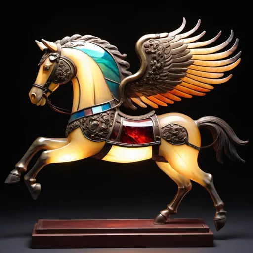 Prompt: Flying Horse of Gansu with fur a stunning glowing bronze in Perfectly balanced flight, in stained glass art style