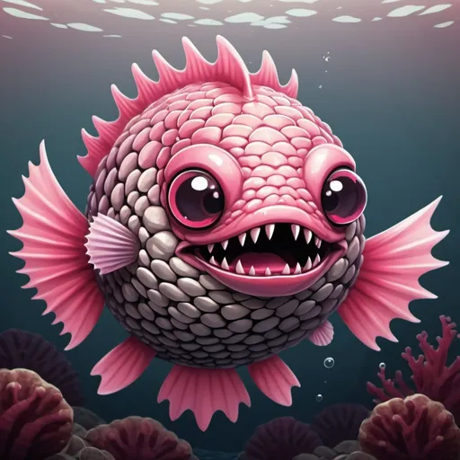 Prompt: cobra-like creature that is round like a puffer-fish with pink scales and red marking scales and a pink mouth and fangs floating in the ocean in chibi art style
