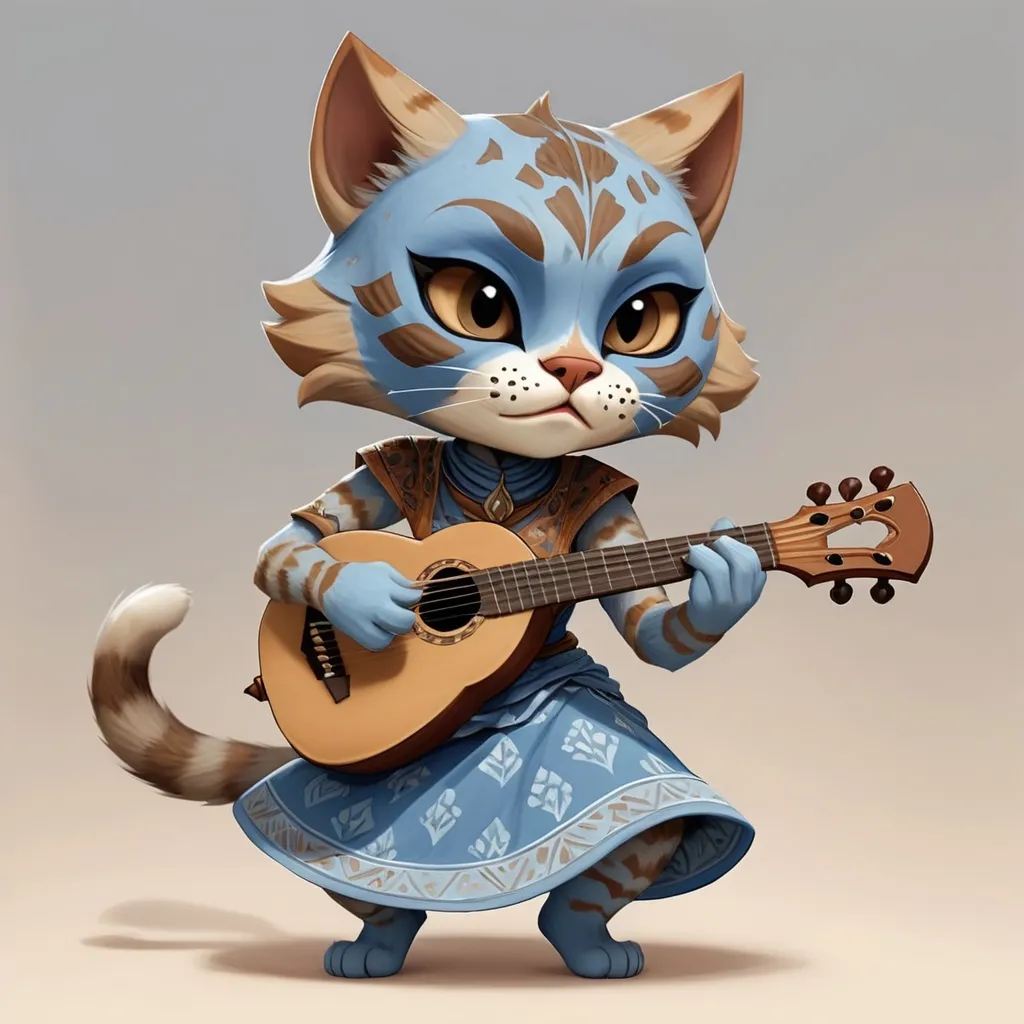 Prompt: Abadusa is a female Khajiit with light brown fur and wearing a simple dull-blue and brown dress with light-blue patterns and a dull blue and light-blue patterned cat mask and is playing the lute, in chibi art style