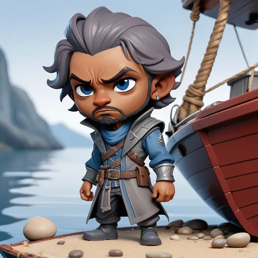 Prompt: Shady Syron a Redguard outlaw wearing grey-blue and blue outfit lurking near a boat with ill intentions on his mind, in chibi art style