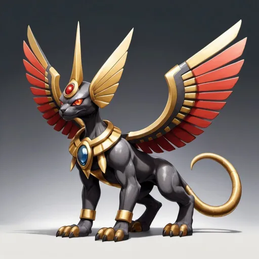 Prompt: Ancient Sphinxmon with black dark-gray gold and red palette in Ken Sugimori art style