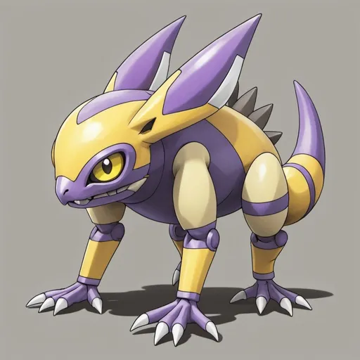 Prompt: Ankylomon with yellow gray and purple palette in Ken Sugimori art style