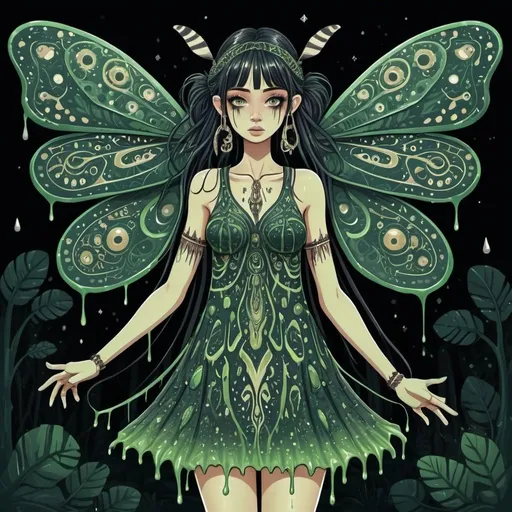 Prompt: Slime Girl dripping with slime with a abaciscus pattern upon her and dressed in a dress with moth wings covered in more abaciscus patterns forest at night in tribal art style
