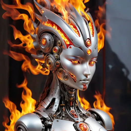 Prompt: Robotic Multifaced Tika statue breathing fire and looking serine, best quality, masterpiece