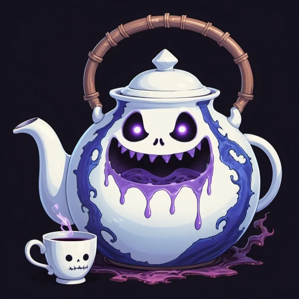 Prompt: white and blue ghostly tea pot with a purple ghost peering out in demon slayer art style
