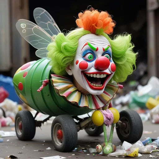 Prompt: Clown Buggy BETTY who is a green fly-clown who lives in garbage and eats it, Masterpiece, Best Quality