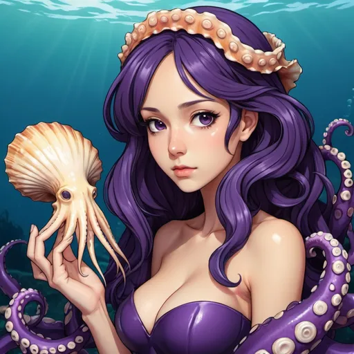 Prompt: Octomaid with deep purple octopus tentacles and a sea-shell and kelp top, background ocean, in visual novel art style
