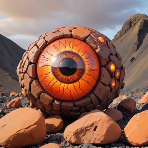 Prompt: Giant Eyeball monster made of brown and bronze rocks and covered in glowing orange demonic markings, best quality, masterpiece, background volcanic landscape