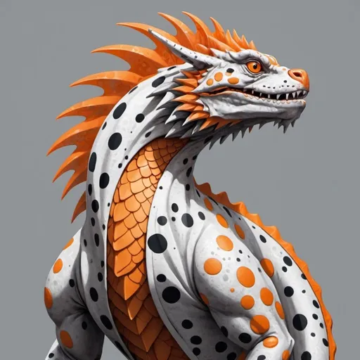 Prompt: Basilisk King with light-gray and orange color palette with background in dalmatian art style