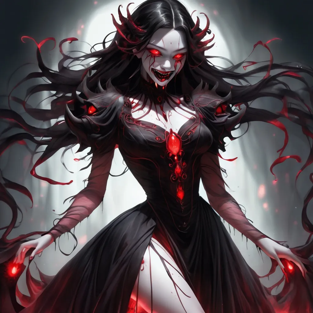 Prompt: A ebony monster with red glowing markings and tendrils in a Aline dress which is flowy from shoulders forming a a the dress is jet black and covered in  crimson eyes and white fangs