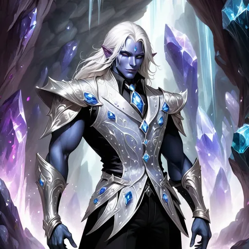 Prompt: Drow wearing a Quartz Waistcoat with shimmering crystal skin, background crystal cave, masterpiece, best quality