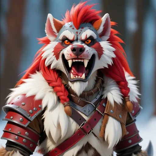 Prompt: Gnoll with fur of vivid red and a neck fluff of white with wild red mane bersker-like armor and wild, masterpiece, best quality