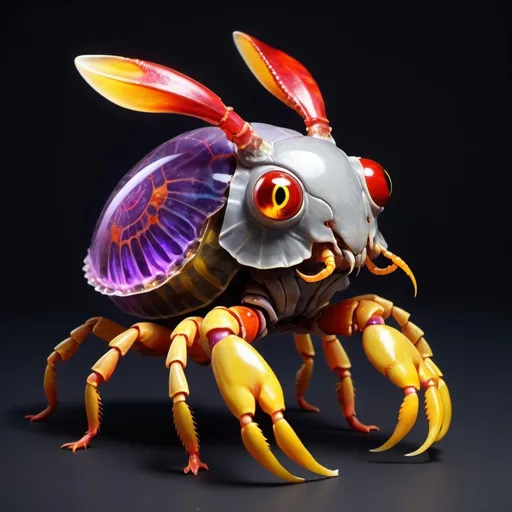 Prompt: Bipedal creature resembling a Rabbit with brow-gray fur glowing yellow eyes red crab-like legs and a gold and purple crystal hermit crab shell in antipodean art style
