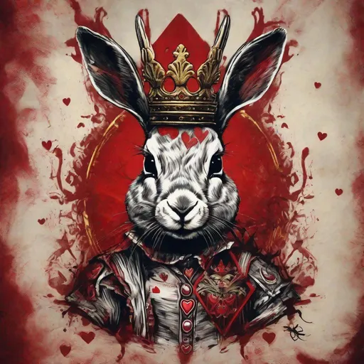 Prompt: Queen of Hearts Jackalope, off with their heads, colors are red and black with a golden crown, masterpiece, best quality, in spray paint art style