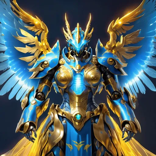 Prompt: A Mecha dragon in a  Yoke dress where the top is blue feathers with a yellow belt and the skirt part is a golden mecha flare and mecha gold wings with glowing light blue membranes