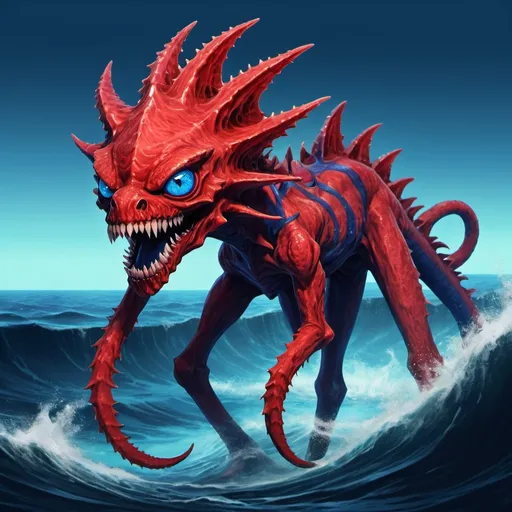 Prompt: tadpol shaped Demogorgon that is vivid red with darker stripe and blue-white under with four dark blue eyes lots of sharp fangs and a antanne with a blue lure on the end, background depths of the ocean, in toasty art style
