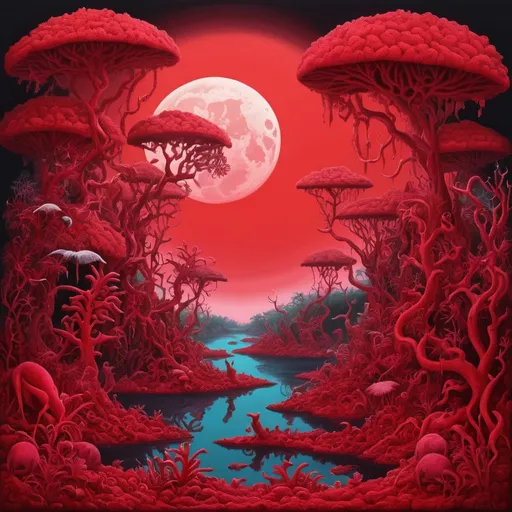 Prompt: A jungle made of crimson coral under a crimson moon in which crimson critters live and hunt, in surrealism art style

