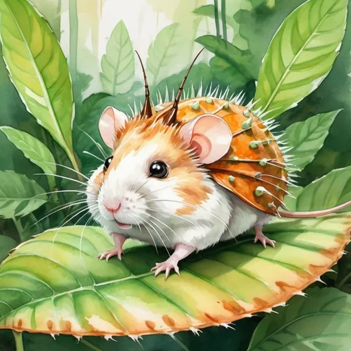 Prompt: Aphid-Hamster fusion-hybrid with soft orange brown and white fur and a bright green exoskeleton with really long antennae and spiny legs, on a large leaf in the jungle, in watercolor painting art style