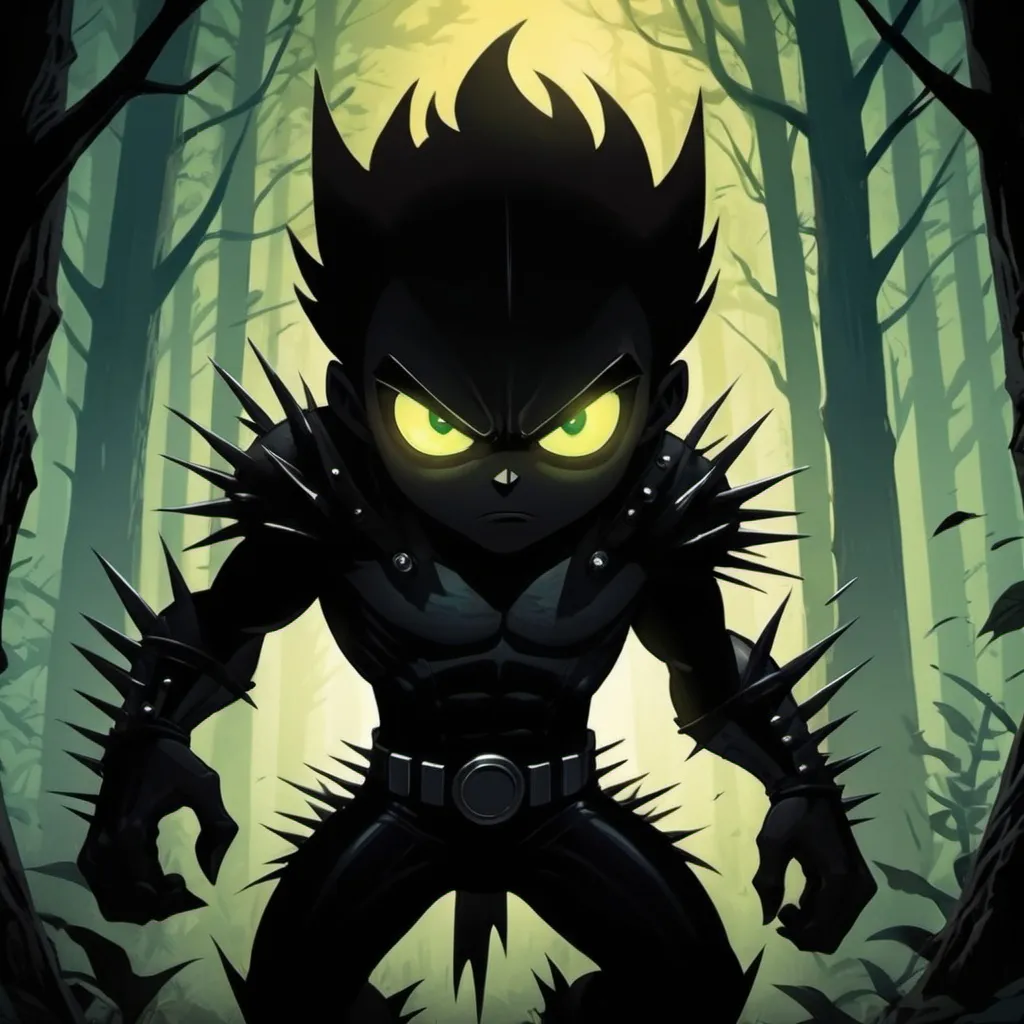 Prompt: Shadow with spikes and glowing eyes , in dc comics art style, background forest