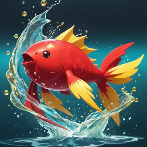 Prompt: A bright red karp with yellow in the water flailing for all it is worth, in card art style
