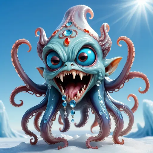 Prompt: a Gremlin with many long squid-like tentacles and a jewel ontop it's head which can blind with its benevolent beauty, in icy blue sky blue and blue colors, best quality, masterpiece
