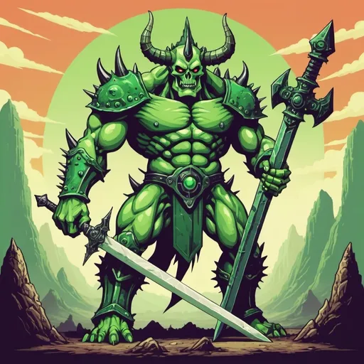 Prompt: Green demon-like titan with spikes horns and a giant bone sword in retro game art style
