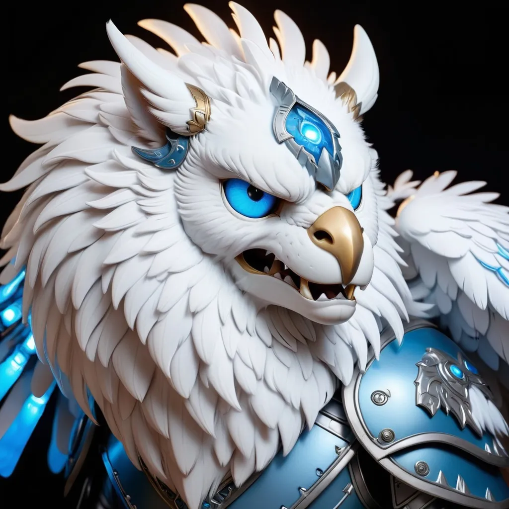 Prompt: Gryphon with fluffy white fur and mane and covered in white and blue armor with glowing light-blue eyes, masterpiece, best quality
