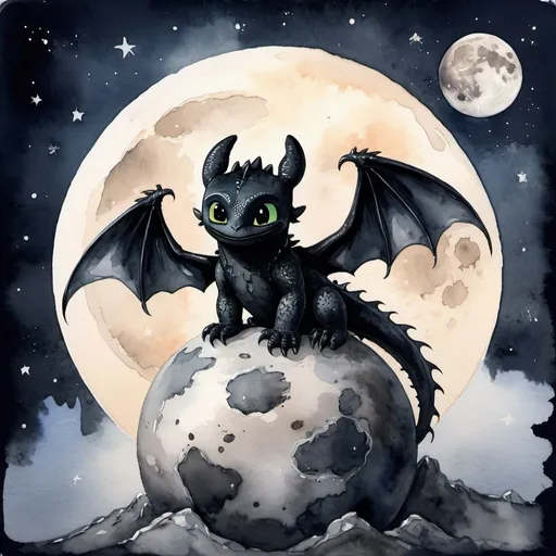 Prompt: toothless sitting on the moon, watercolor painting art style