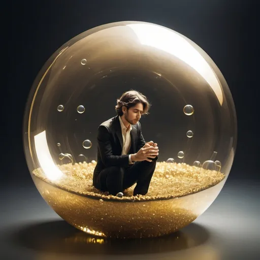 Prompt: trapped in a bubble in gold art style