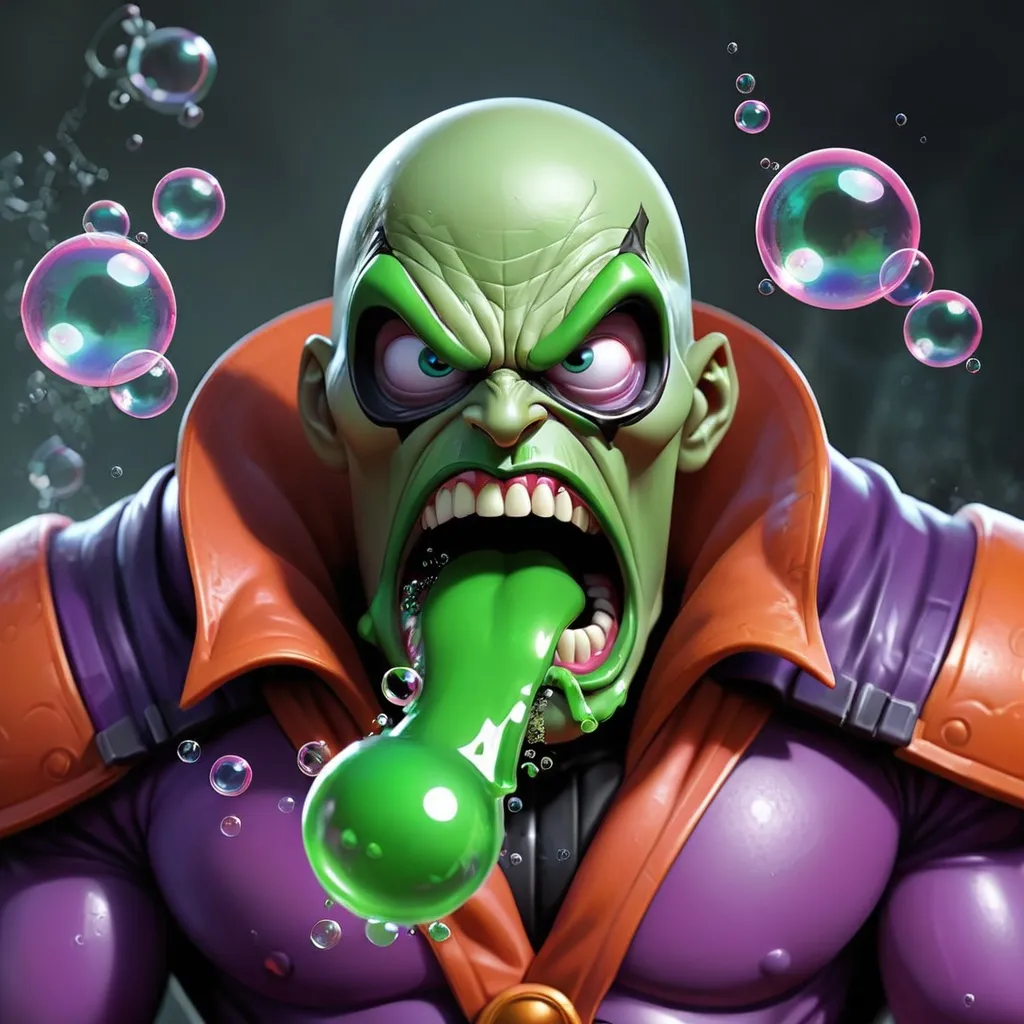 Prompt: Super Villain  Poison Bubbles, Spits out severely toxic bubbles, dripping with toxin, best quality, masterpiece