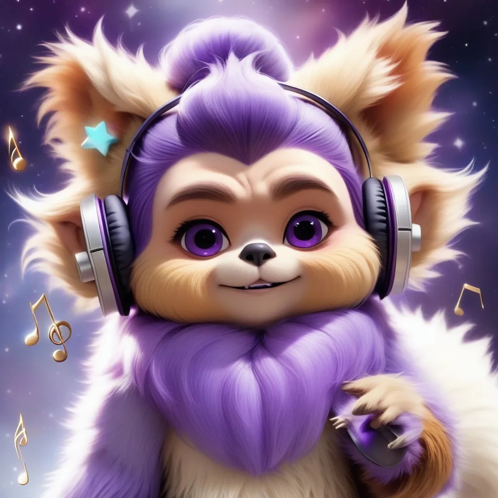 Prompt: Ewok with white and light violet fur with purple updo tuff and ears with a musical note clip and singing admist the stars, masterpiece, best quality