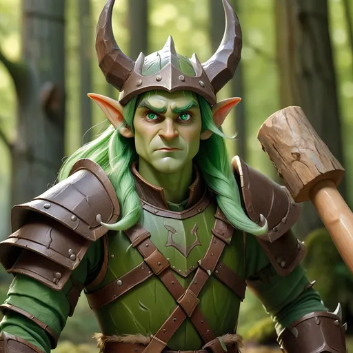 Prompt: Elf with green skin and hair in green-brown bark armor with a triple horned helm wielding a giant wood hammer, Masterpiece, Best Quality, background woods