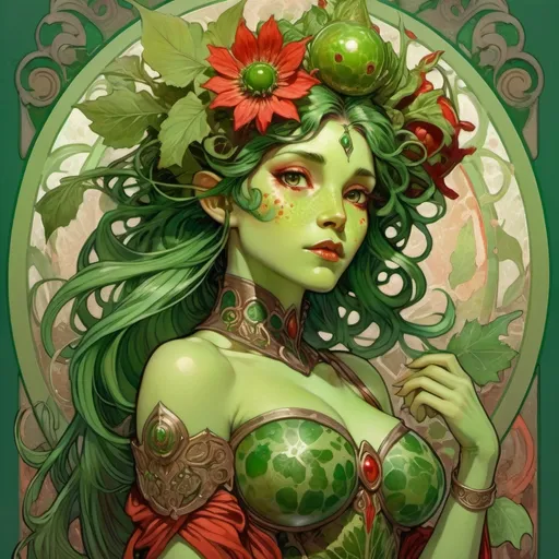 Prompt: A green skinned with darker green spots Alraune monster girl with a large green flower bulb on her back with red eyes and dressed in leaf armor
